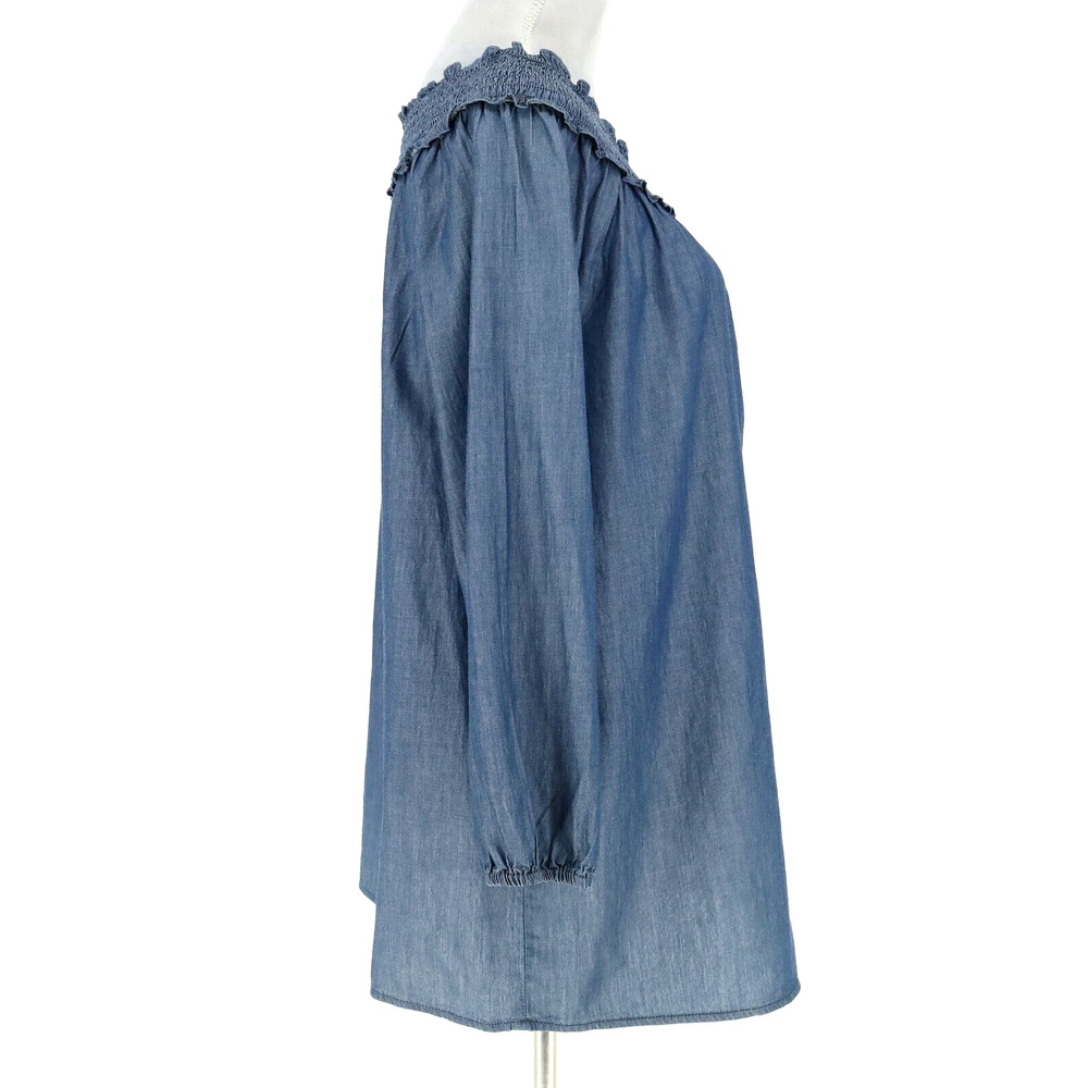 Chicos Top 1 Womens Medium 8 Blue Cotton Off Shoulder Blouse Boho Romantic - Picture 12 of 13